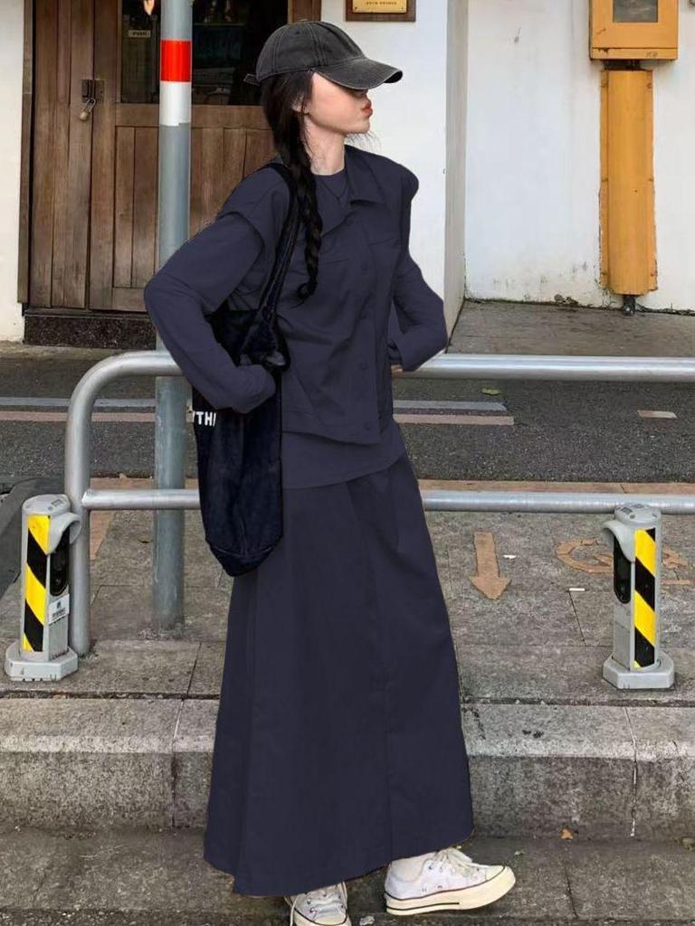 2026 Korean Style Spring/Autumn Elegant Three-Piece Set: Long Sleeve Top and Retro Skirt
