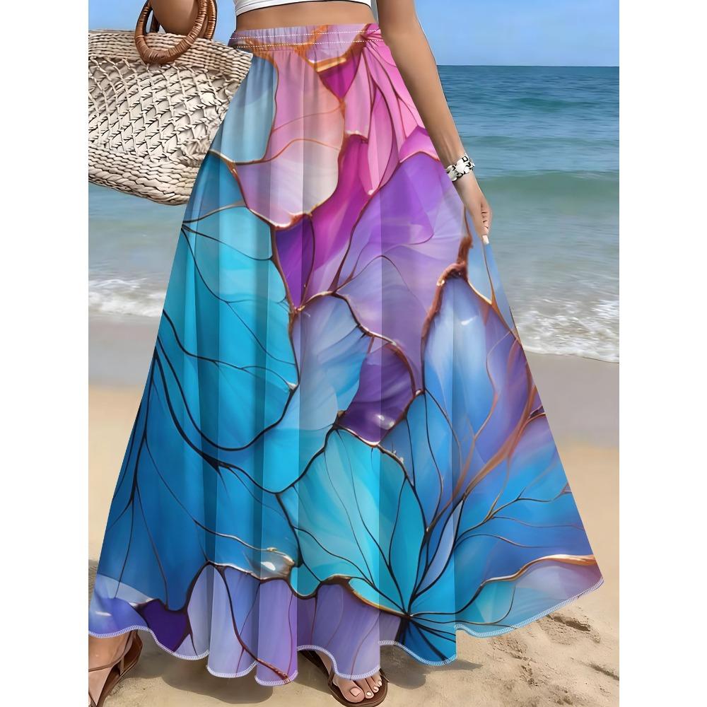Blue and White Printed Floral Skirt, Summer Casual Vacation Style