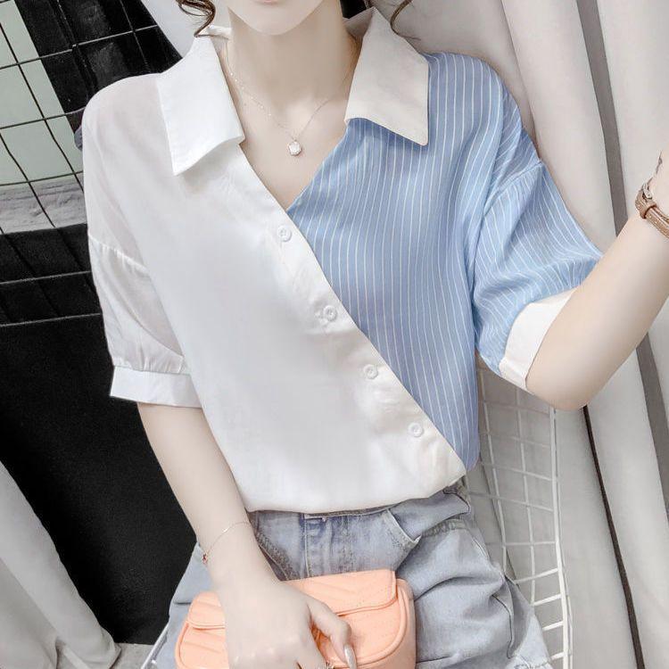 Striped Shirt Women Contrast Color Casual Blouse Female Lapel Shorts Sleeve Chic Shirts Ladies Fashion Loose Office Shirt