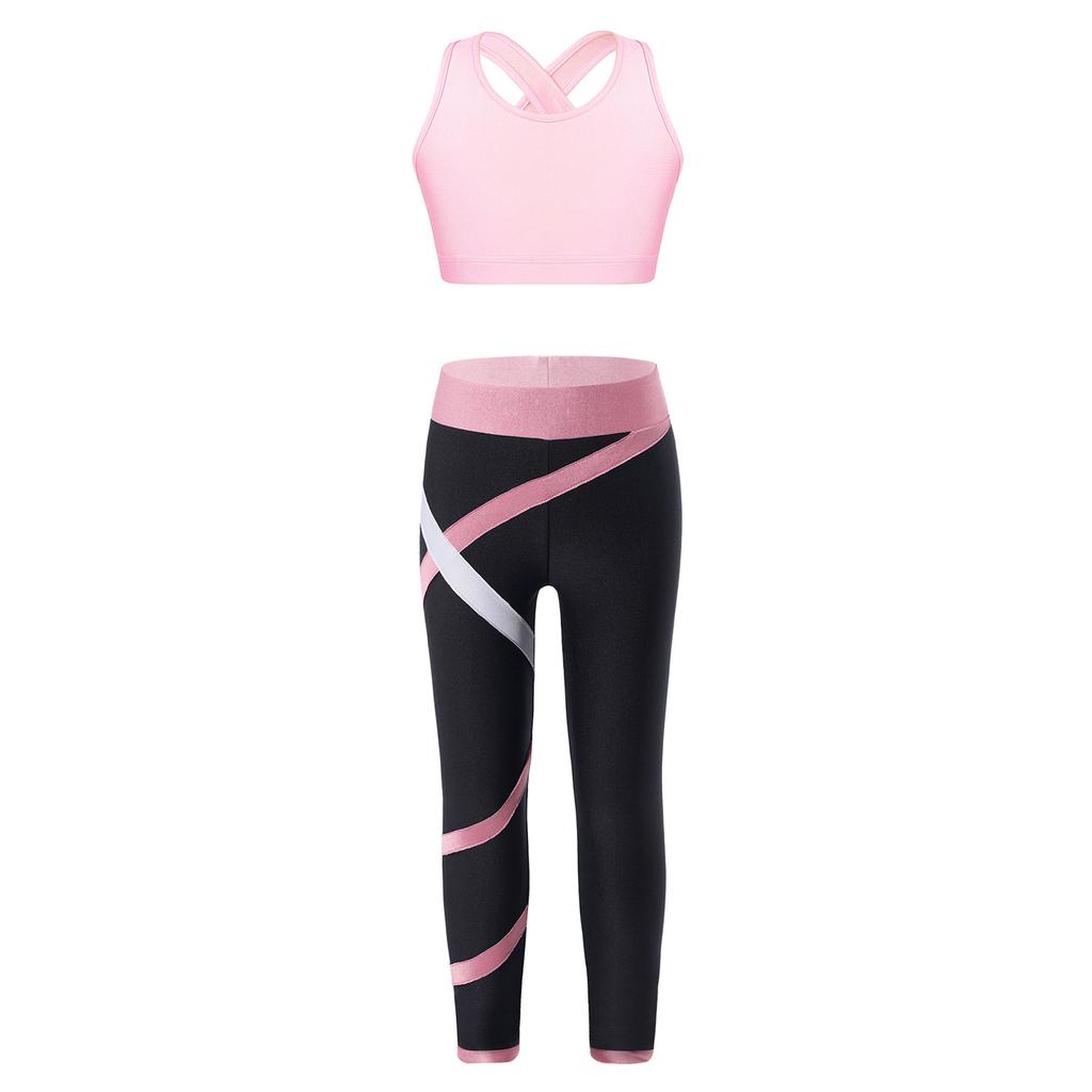 Dívčí Crop Top s U výstřihem, kříženými ramínky a klíčovou dírkou na zádech, bez rukávů, Color Block Legíny, Jógový Sportovní Set