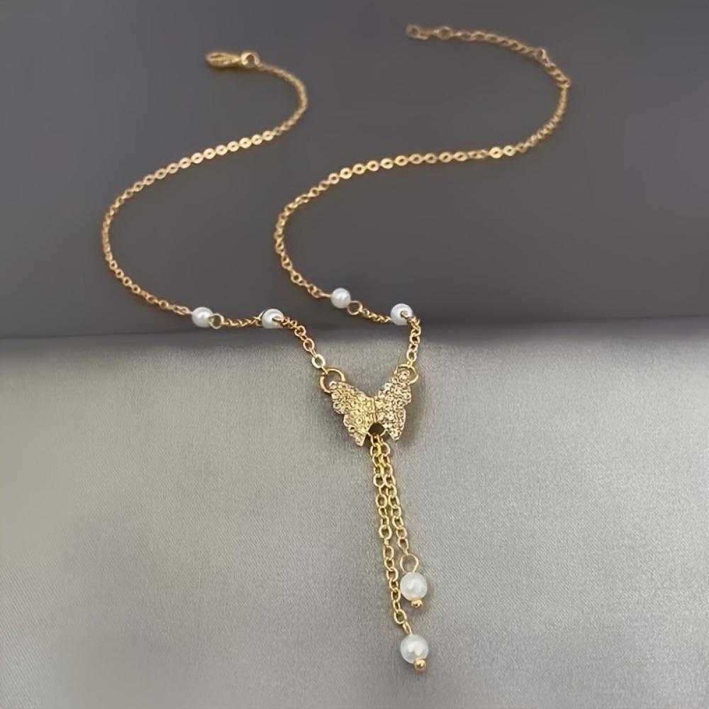 

Women s Trendy Faux Pearl Butterfly Clavicle Chain Necklace Creative Party Wedding Banquet Jewelry Accessory