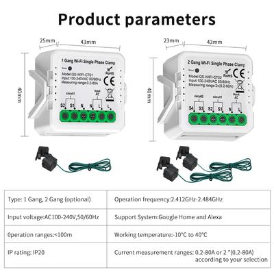 Smart WiFi Current Transformer Clamp KWH Monitor 100-240V 80A 1/2CH Power Statistics Consumption Energy Meter Alexa Google Home