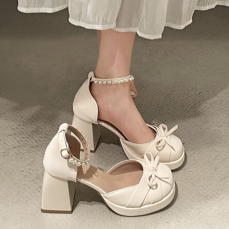 Fashion Hot Selling French Bow Block Heel Mary Jane Shoes Women's 2025 Spring and Summer Round Toe Shallow Mouth One Buckle Beaded Heels