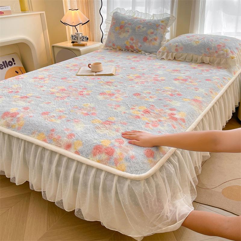 French Rabbit Fur Double-Layer Lace Fitted Sheet Bed Skirt 3-Piece Set