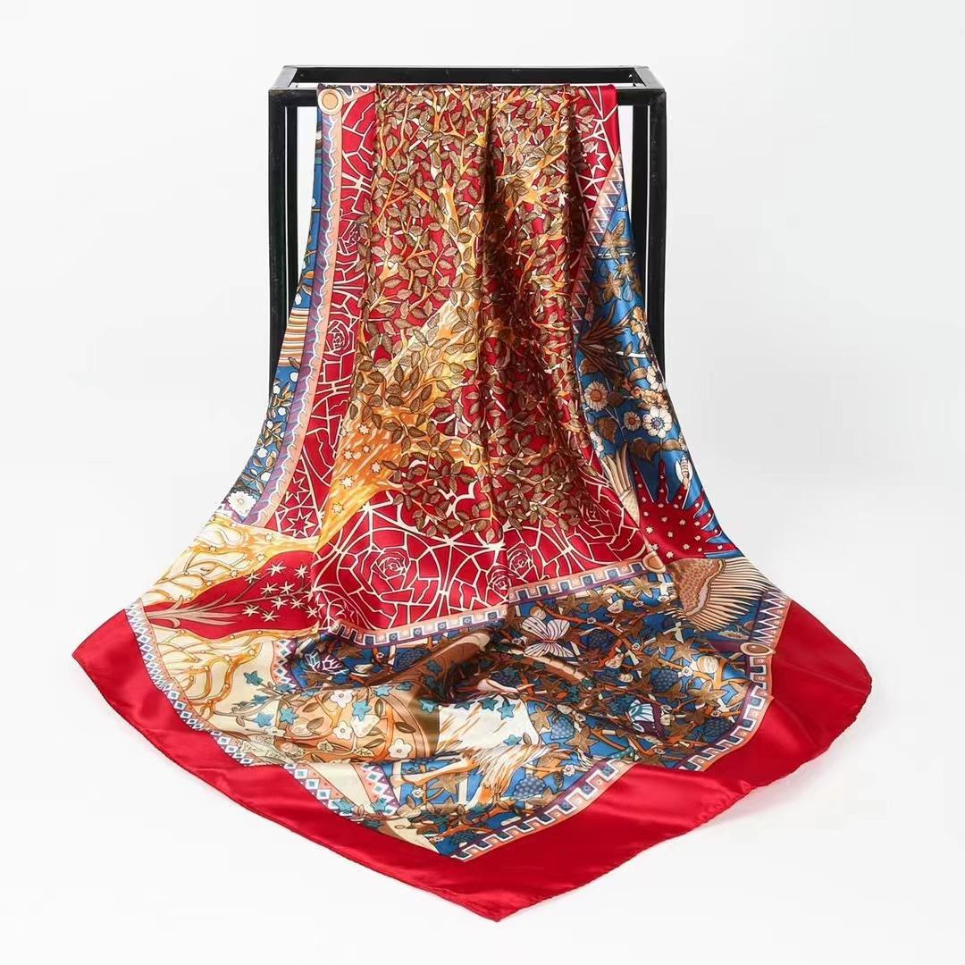 

Модный шелковый атласный хиджаб, шарф для женщин, шаль с принтом листьев, шарф-мешок 90*90 см, квадратные шали и шарфы на шею One size