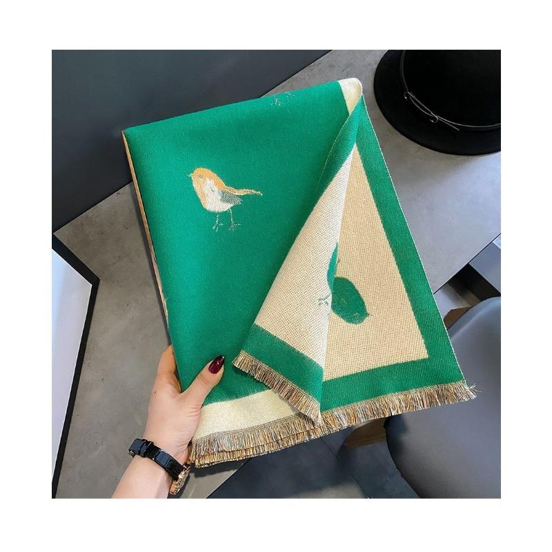 Women S High Grade Thick Warm Faux Cashmere Scarf Green Bird Pattern Air Conditioning Shawl Long Neck Wrap