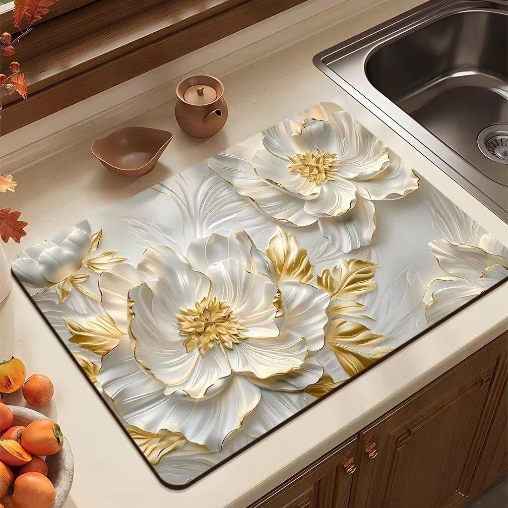 Flower Printed Drain Pad Rectangular Coffee Machine Drying Mat Absorbent Drain Dish Pads Tableware Sink Rugs Placemat