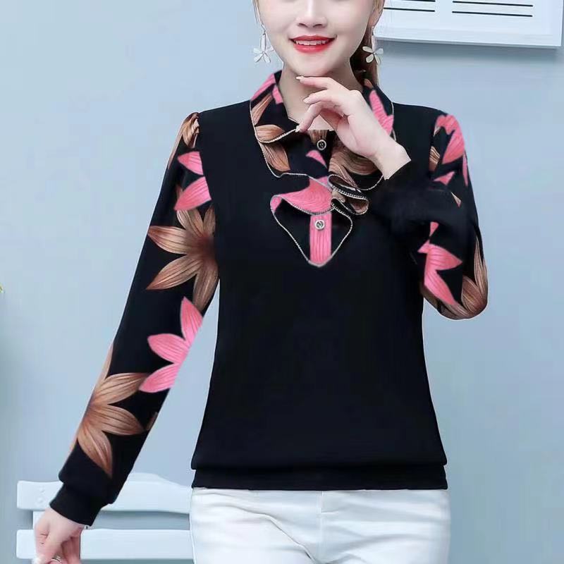 M-5XL primavera otoño nueva camisa con cuello tipo Polo para mujer moda mamá blusa de manga larga Camiseta holgada con estampado