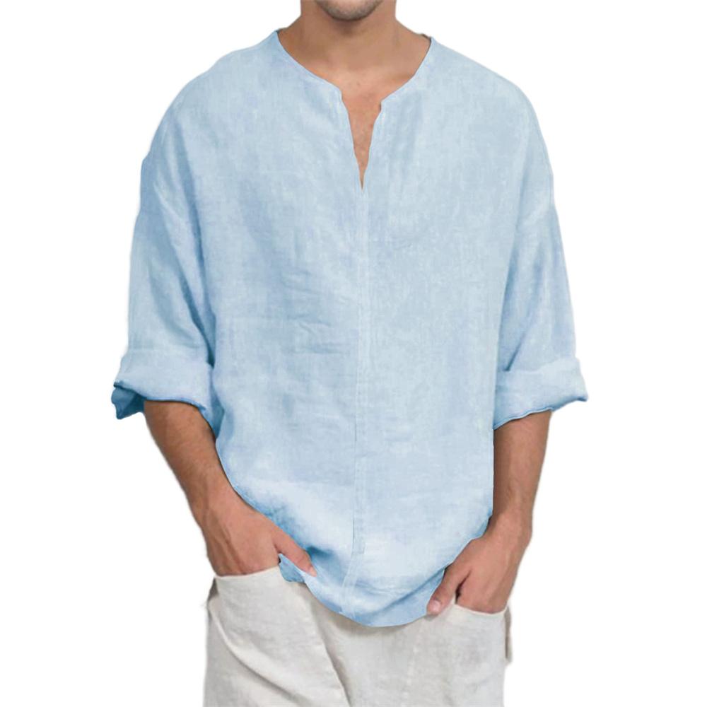 Cotton Linen V-neck Long Sleeve T-shirt for Men Casual Solid Color Lightweight Breathable Cozy Tops Male Fashion Tees