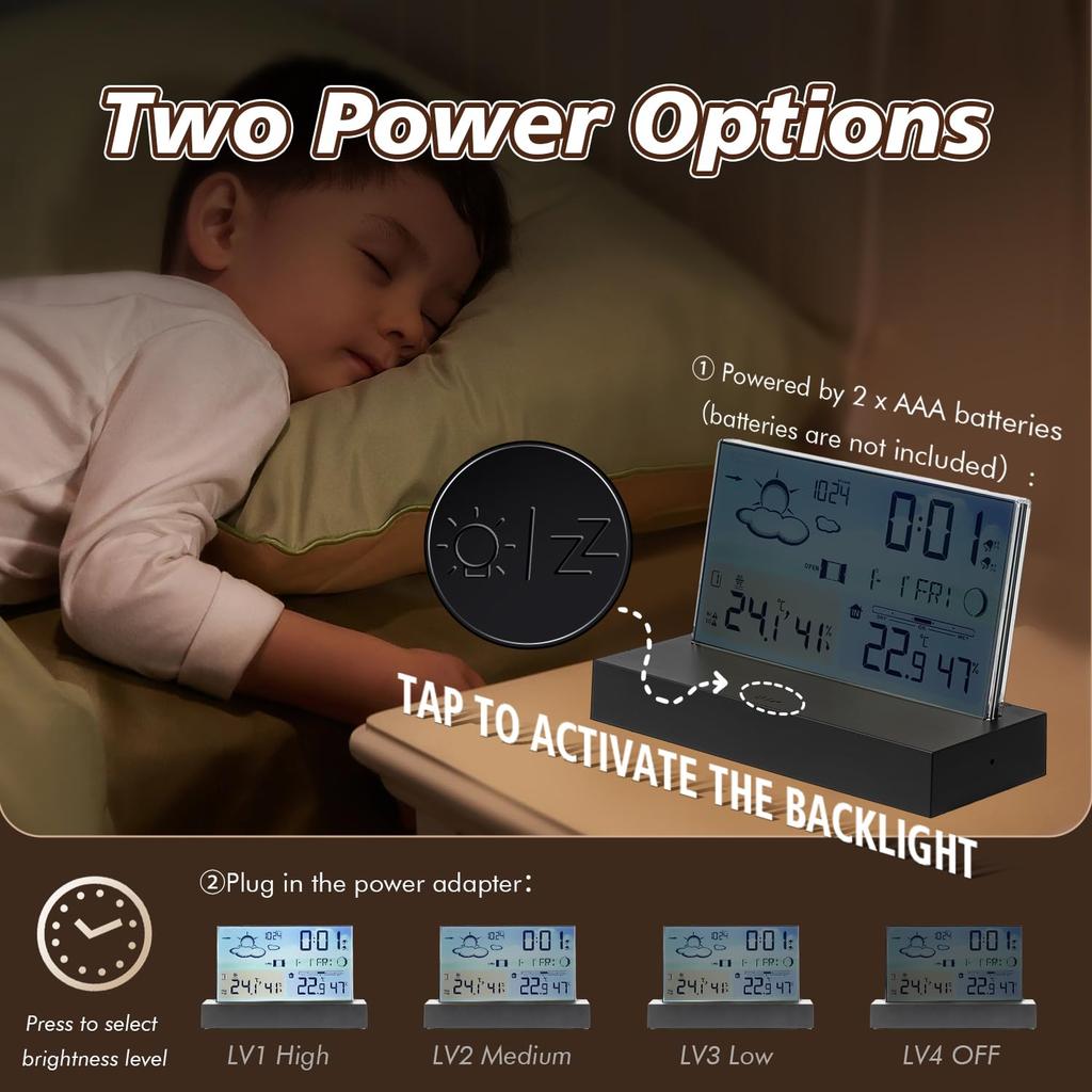 תחנת מזג אוויר מיני פנימית חיצונית, תחנת מזג אוויר ביתית עם תחזית מזג אוויר וברומטר מד טמפרטורה מד לחות, שעון מעורר, תצוגה דיגיטלית צבעונית