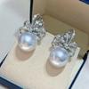 Exquisite Ribbon Imitation White Pearl Stud Earrings, Super Fairy Style Bow Zircon Earrings, Earrings.