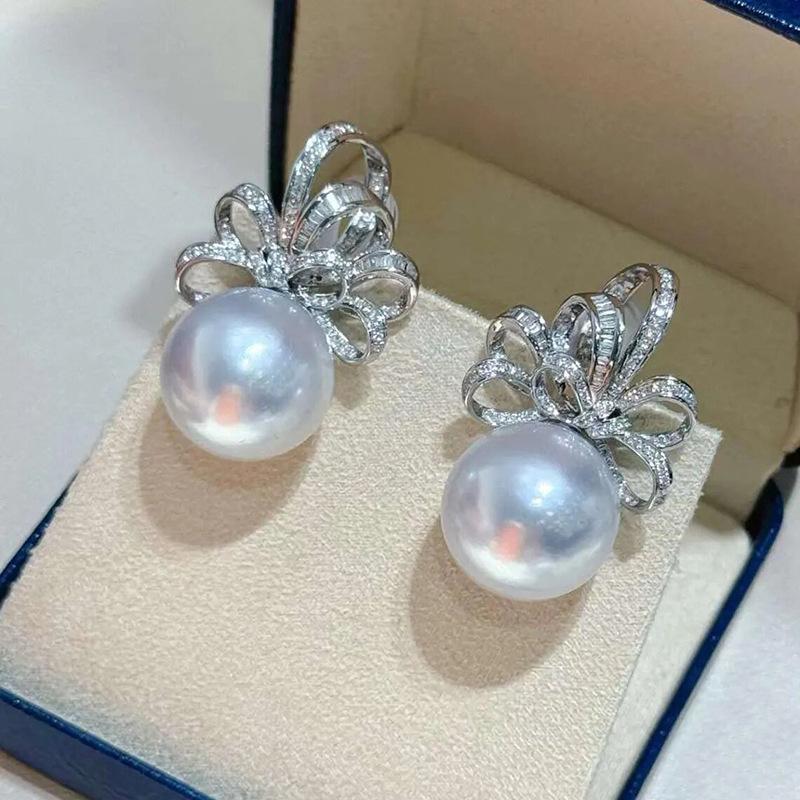 Exquisite Ribbon Imitation White Pearl Stud Earrings, Super Fairy Style Bow Zircon Earrings, Earrings.