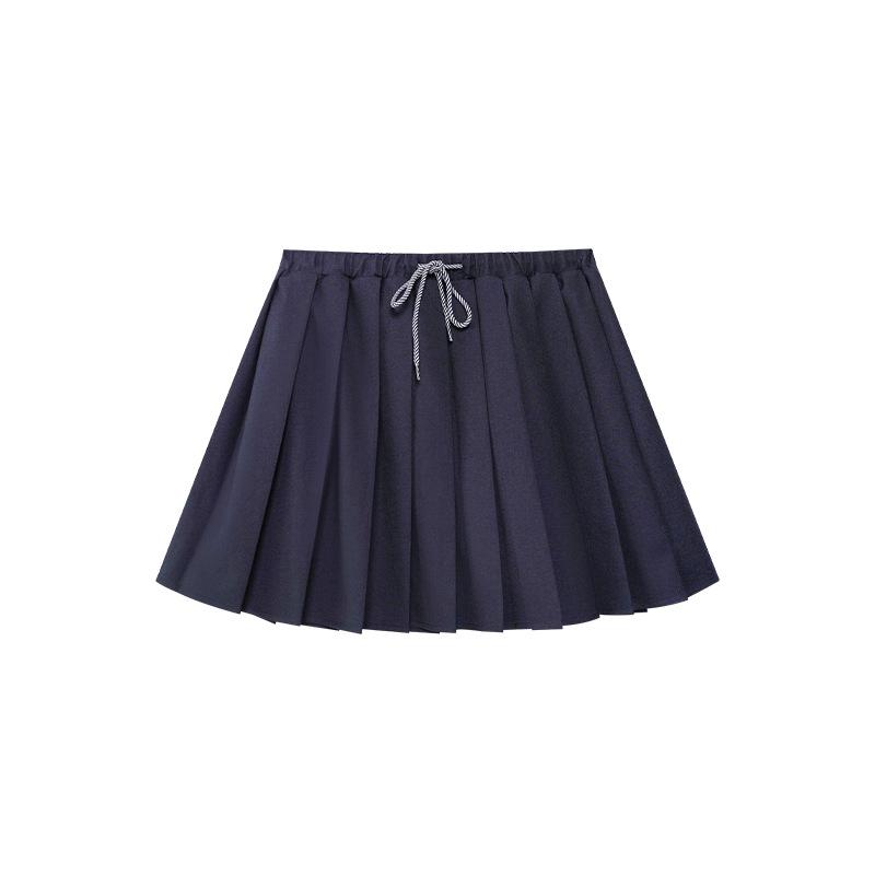 Interpret Beauty Summer 2025 Preppy Pleated A-line Midi Skirt with Drawstring Waist (S5108)
