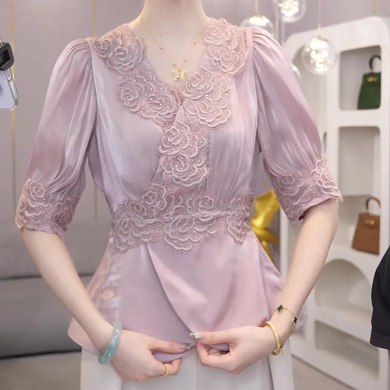 Französisches Süßes Spitzen-Spleiß Kurzarmhemd Damen Sommer Neue Mode Vielseitiges Oberteil