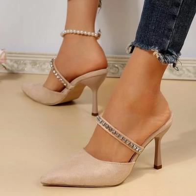 Schwarze High Heels Damen 2024 Frühling Neue Damenschuhe Stiletto Spitzpumps Satin Strass Glitzer Pantoletten Pumps