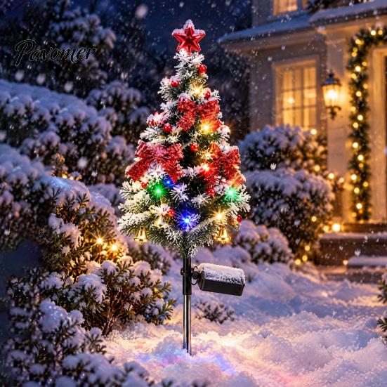 Decorative Christmas Lawn Stakes Solar Tree Stake Light, LED Lighted Artificial with Bow Star Party Supplies Bell Ball, IP65 Waterproof Garden