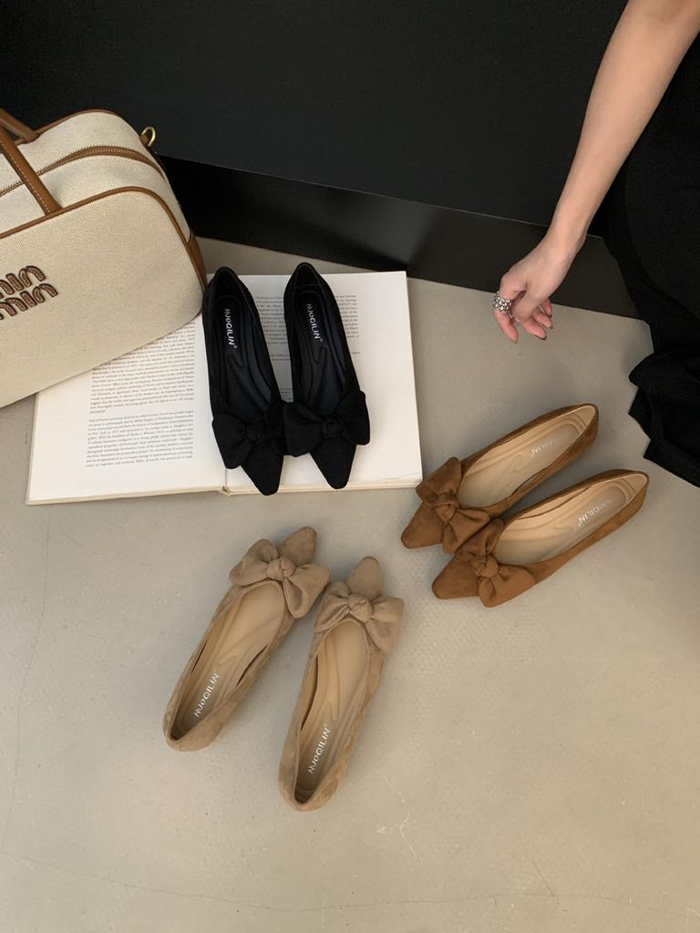 Flache Einzel-Schuhe Damen 2025 neu spitze Schuhe Gummisohle Schleife schwarz vielseitig Arbeit Damen-Schuhe