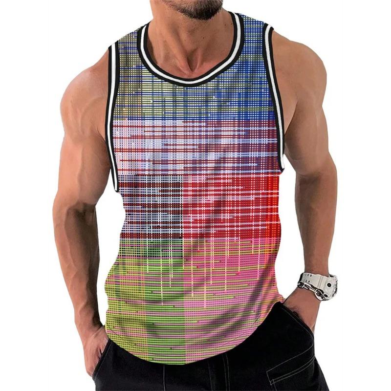 Canottiere Grafiche a Strisce Retro da Uomo Moda Casual Estive Senza Maniche Gilet Stampato 3D Largo Girocollo Magliette Sportive Asciugatura Rapida