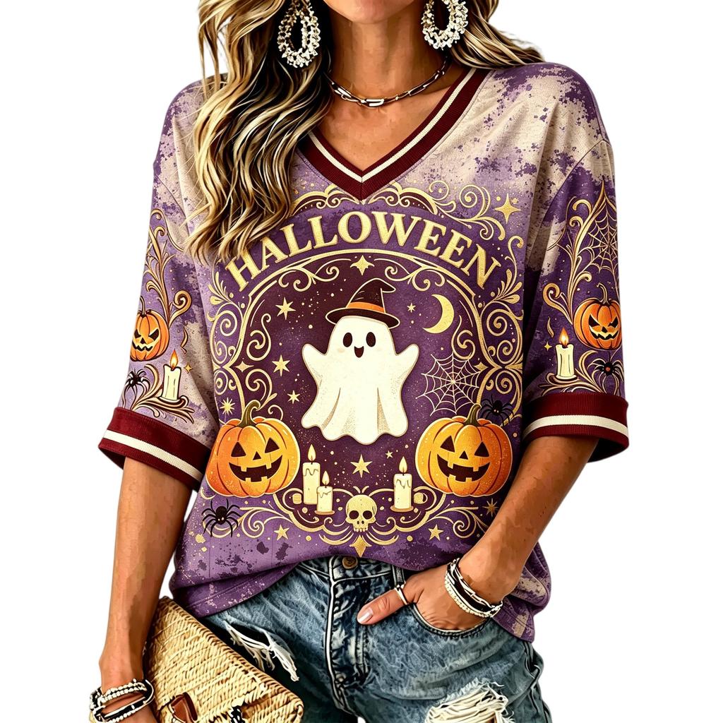 Women's Halloween Print V-Neck T-Shirt Casual Loose Fit Summer Top