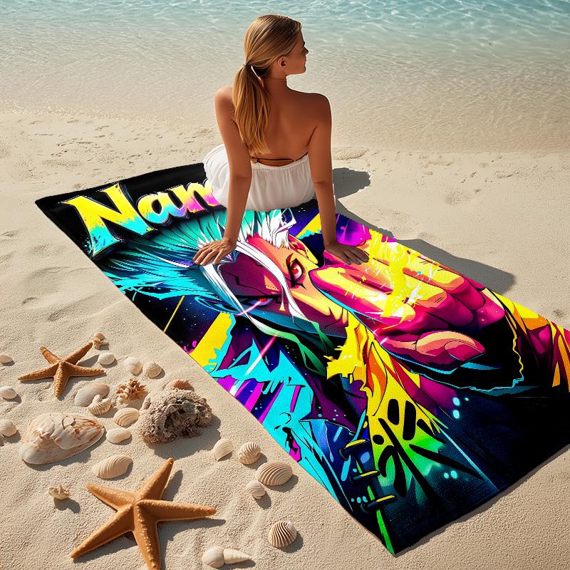 Custom Name Anime Hero Stylish Digital Printing Beach Towel Quick‑Drying Absorbent Blanket for Beach Pool Gym Travel