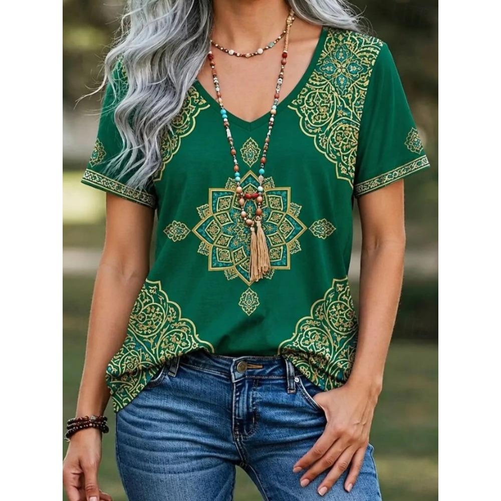 Tricou de vară pentru femei cu imprimeu model vintage, mânecă scurtă, topuri casual imprimate