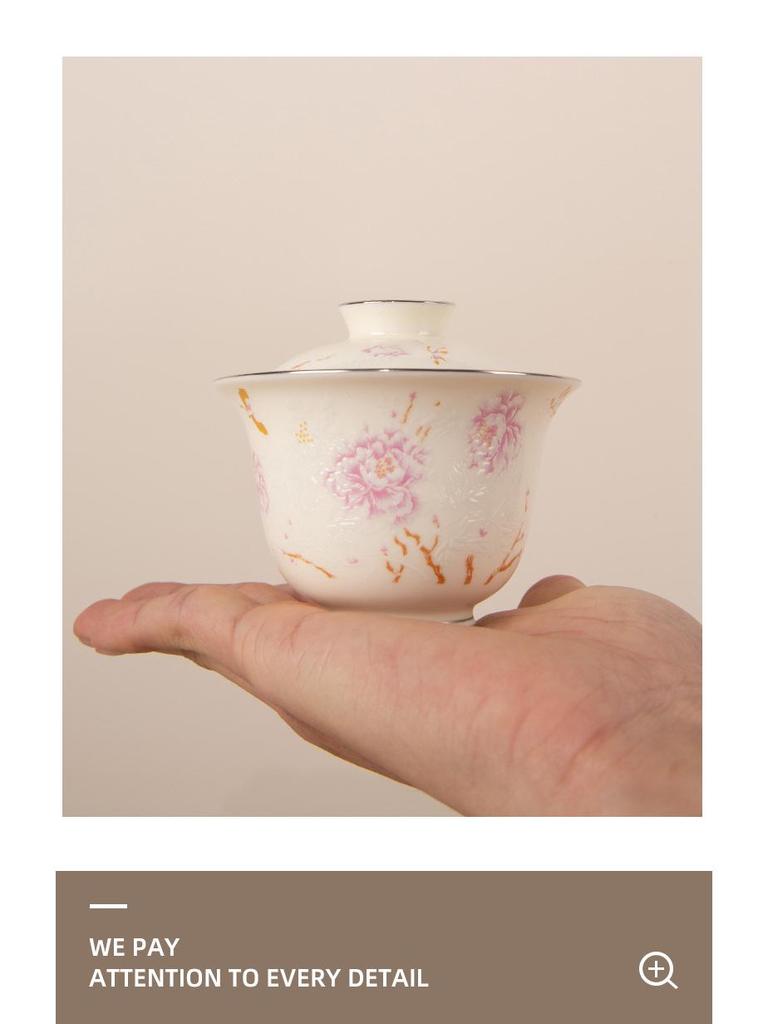 Apricot Yellow Butterfly & Floral Gaiwan Tea Cup with Silver Edge - High-grade Ceramic for Women's Tea Brewing