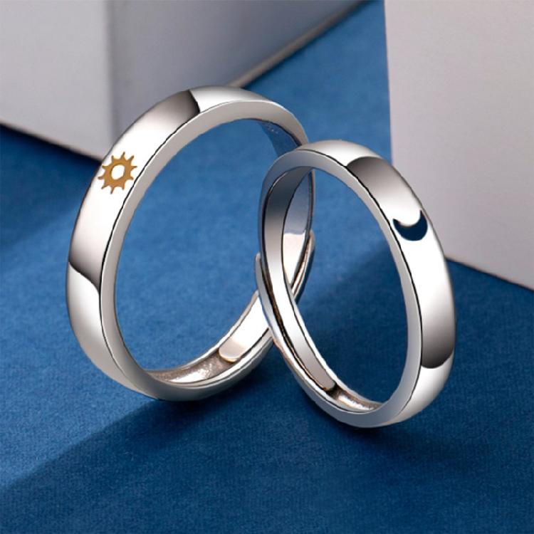 2 Pcs Sun and Moon Couple Rings Copper Polish Lovers Adjustable Ring for Her