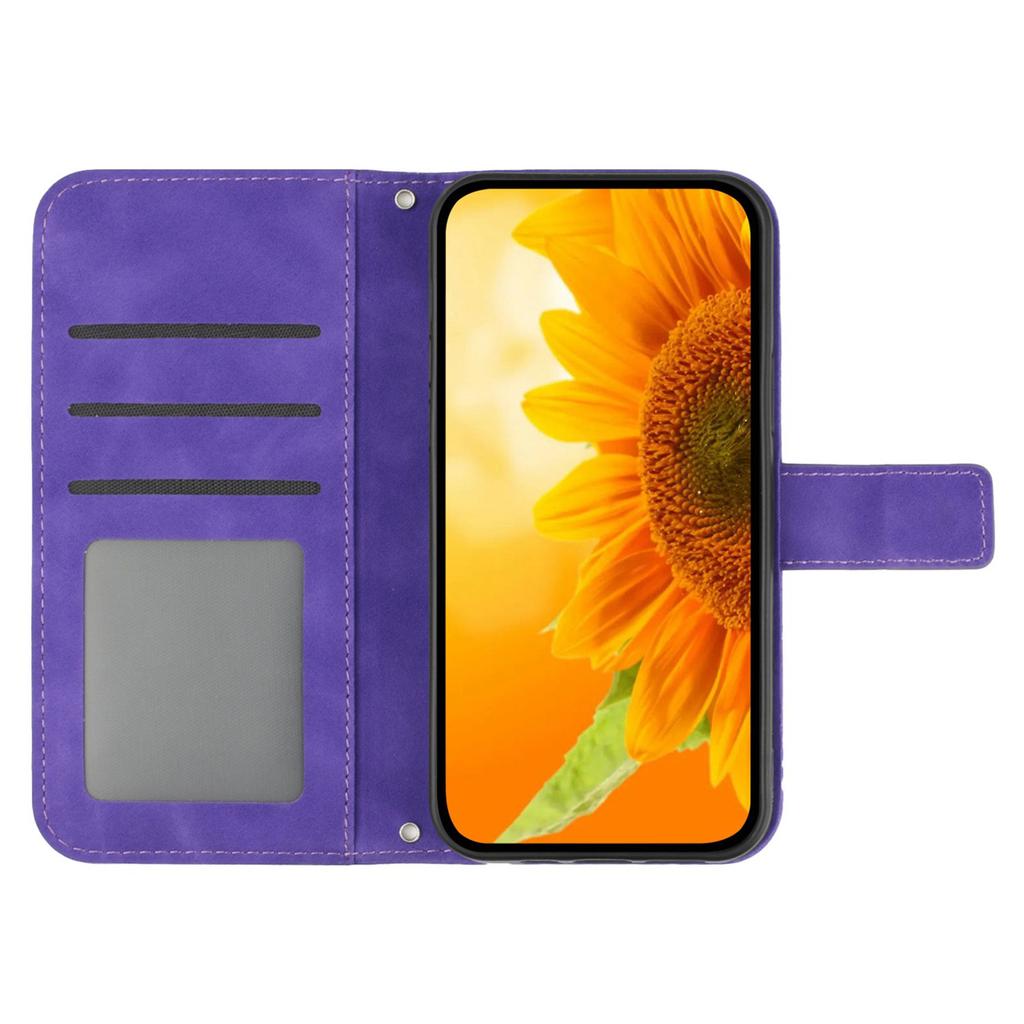 HT04 For iPhone 16 Case Sunflower Skin-Feel Leather Phone Cover with Shoulder Strap