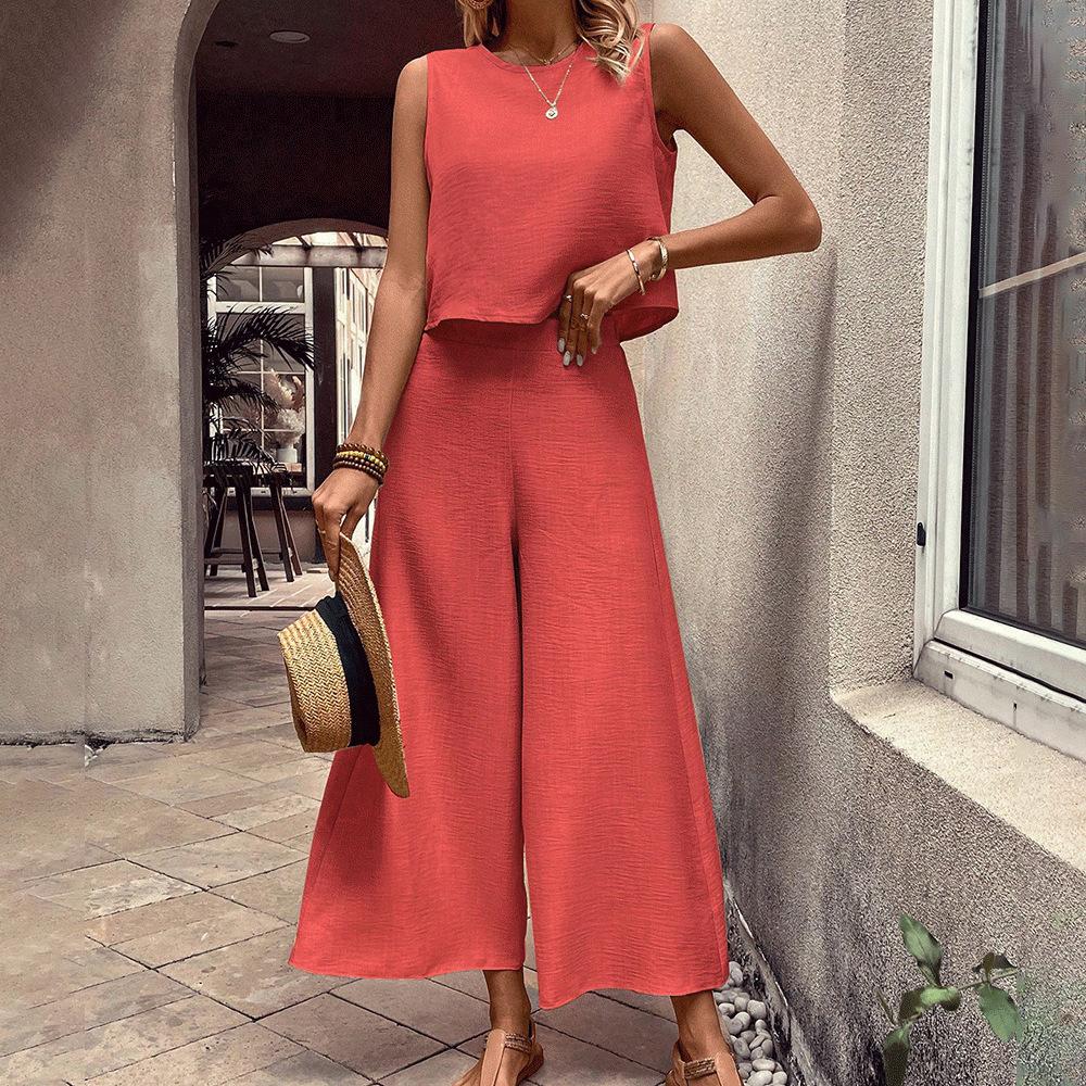 European and American women's clothing elegant women's cotton and linen sleeveless loose top wide-leg pants set summer new temperament commuting