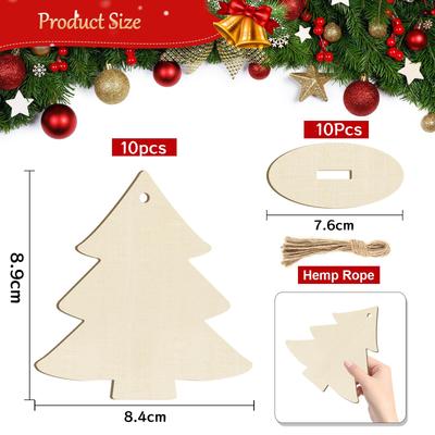 10Pcs Unfinished Wooden Christmas Ornaments Wood DIY Blank Christmas Tree Table Sign Hanging Ornament with String Base
