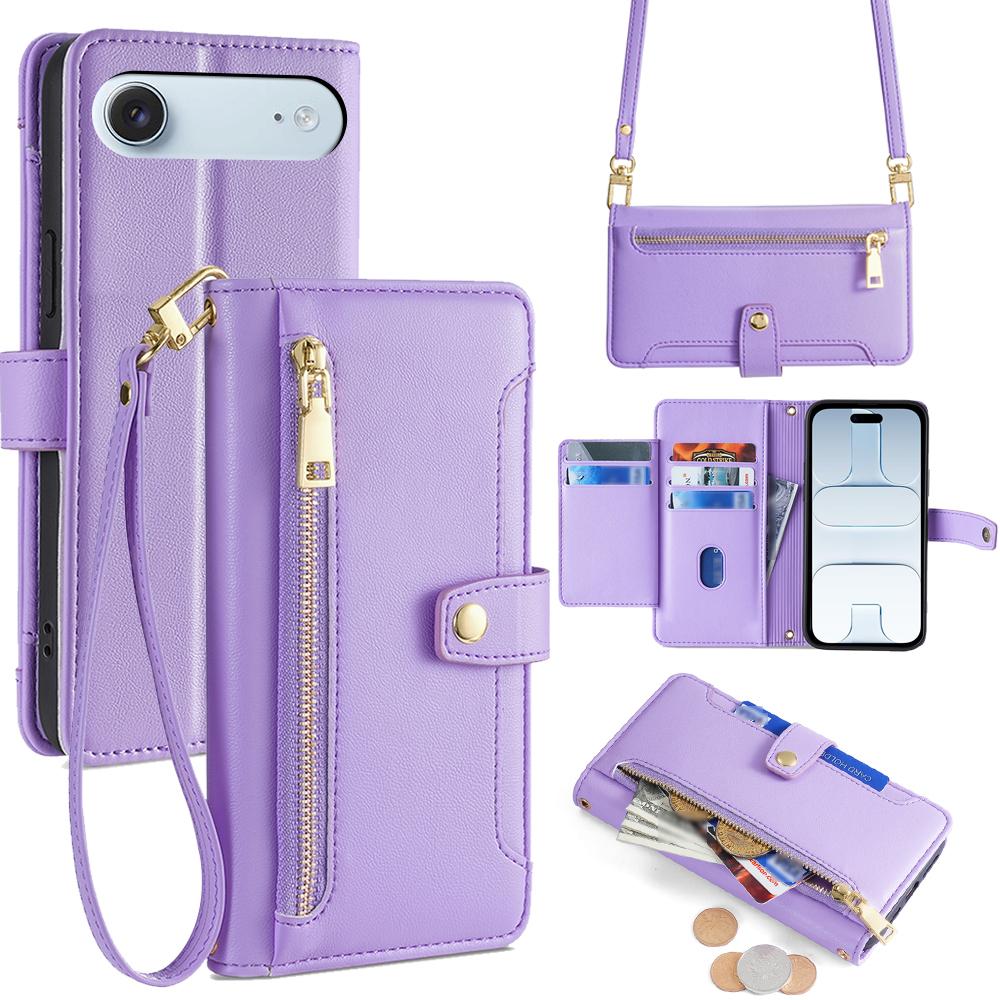 

For iPhone Air Leather Case Zipper Pocket Wallet Phone Cover with 2 Straps