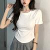 Threaded square neck curved hem short sleeved T-shirt, unique and tight fit, low neck, front shoulder, inner bottom top, JS