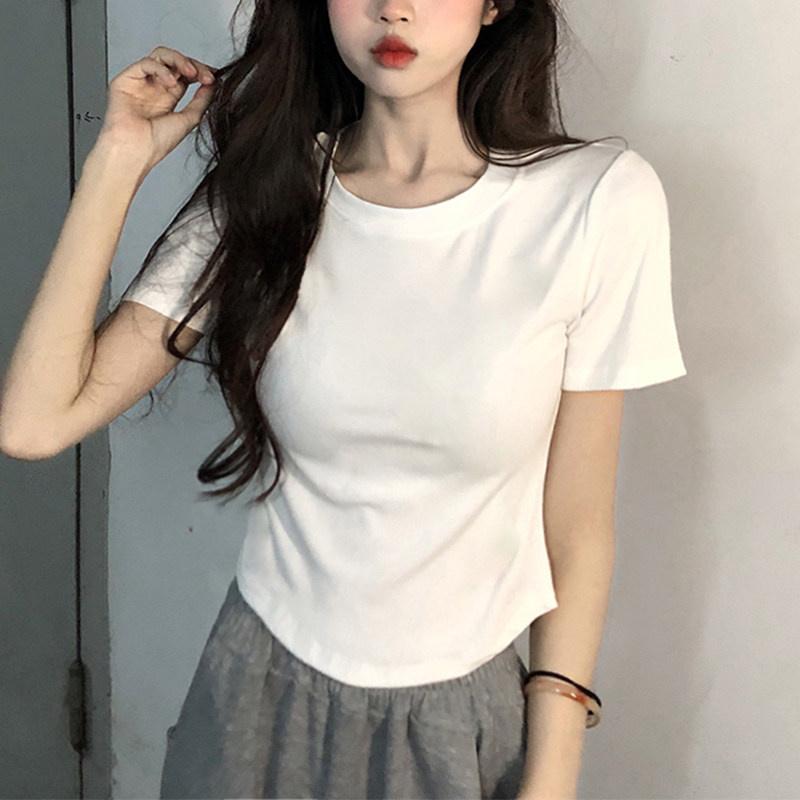Threaded square neck curved hem short sleeved T-shirt, unique and tight fit, low neck, front shoulder, inner bottom top, JS