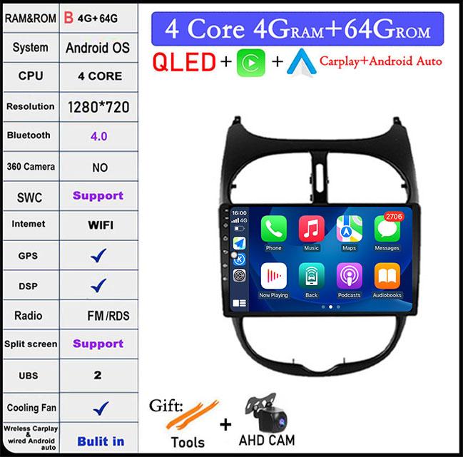 9'' For Peugeot 206 2001 - 2016 Screen/QLED Android 14 Car Radio Multimedia Video Player Navigation GPS 4GLTE 5G WIFI