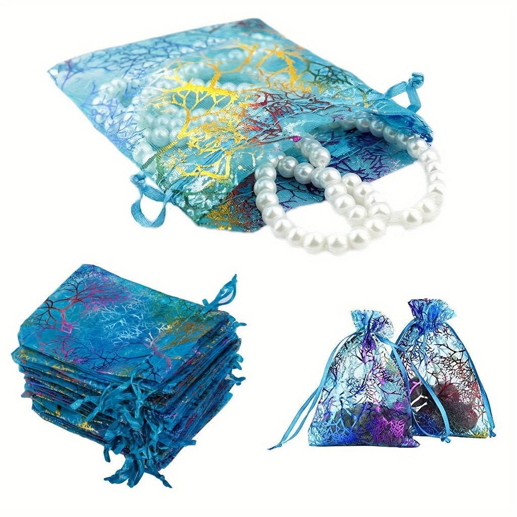 50pcs Elegant Jewelry Gift Bags Closure Golden Floral Design Mesh Pouches Candy Party Favors Organza Gift Bags with Drawstring