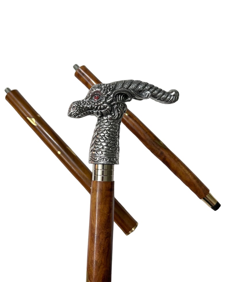 

Dragon Head Walking Cane: Nickel Finish Wooden Stick, 36 Inch