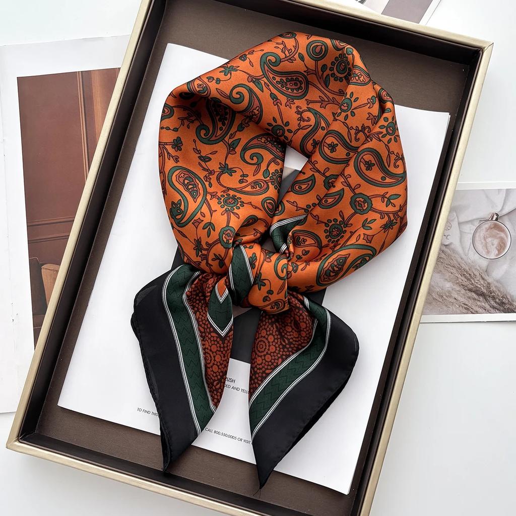 Luxury Women's Vintage Versatile Thin Satin Scarf Floral Print Hairband Spring Autumn Small Square Scarf for Tying Hair And Bags for daily use