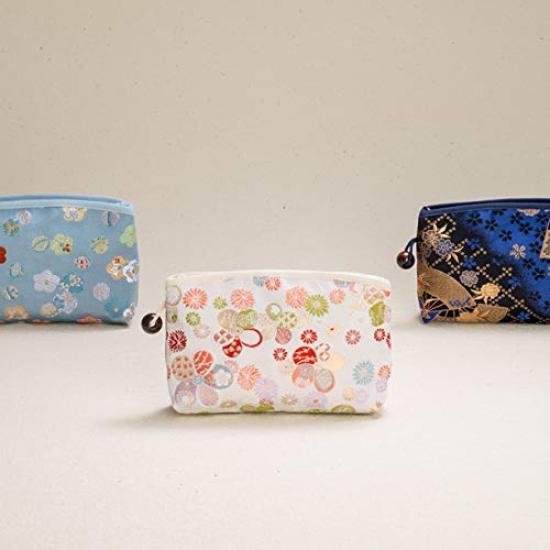 Kyoto Geibido Nishijin Brocade Cosmetic Japanese Made in Japan Navy Pouch, Pattern, (Black, Fan, Blue)