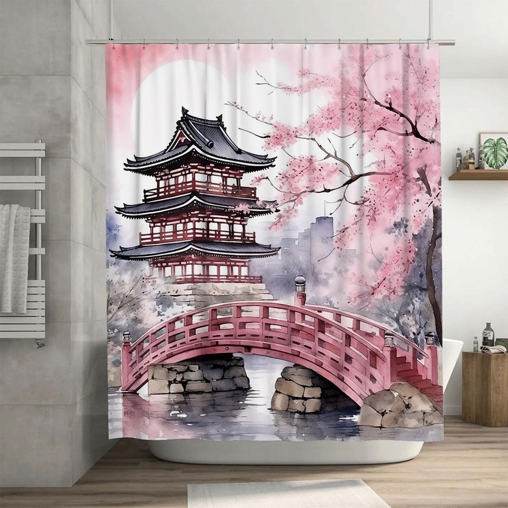 Vintage Japanese Style Cherry Blossom Pagoda Pink Flower Watercolor Shower Curtain for Bathroom Decor T47502183965