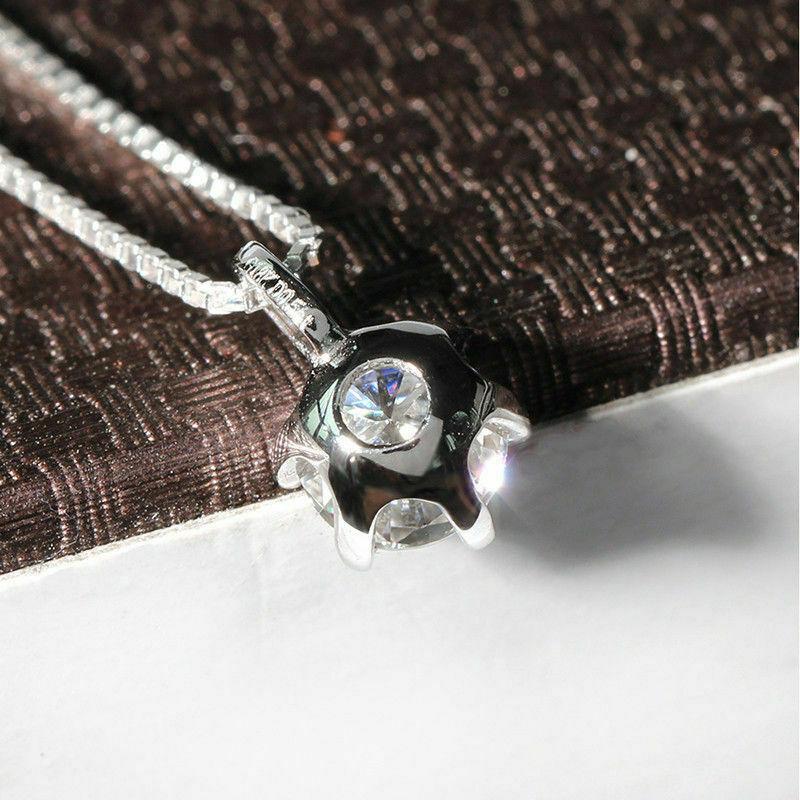 Silver Plated 6-Prong Round CZ Solitaire Pendant Necklace, Classic Brilliant Cut Box Chain Necklace for Women