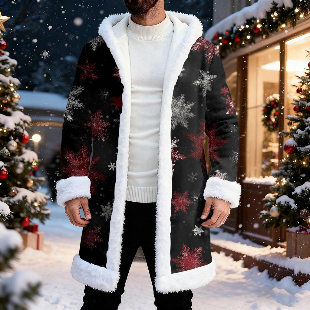 Men's Christmas Long Hooded Cardigan With Pockets Warm Jacket