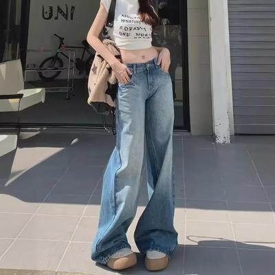 Blue Stone-Milled Wide-Leg Jeans for Women - Retro American Style, Low-Waist, Loose Fit, Drapey, Cracked, Floor-Length Jeans for Spring