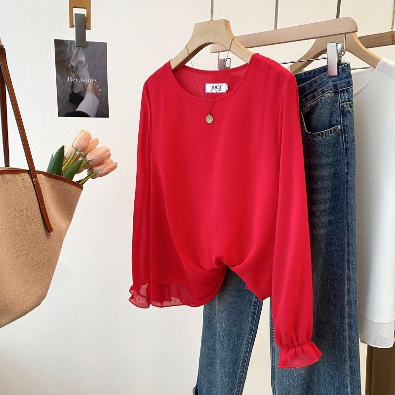 Spring and Summer New Women's Round Neck Long-sleeved Bottoming Top Loose Thin Outer Chiffon Shirt