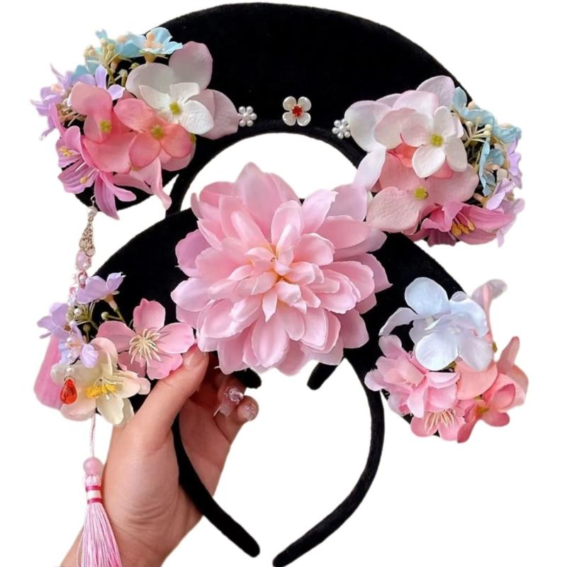 Ancient Chinese Qings Costume Flower Hairband Wedding Hairband Theme Party Gathering Headband Stage Performances Props