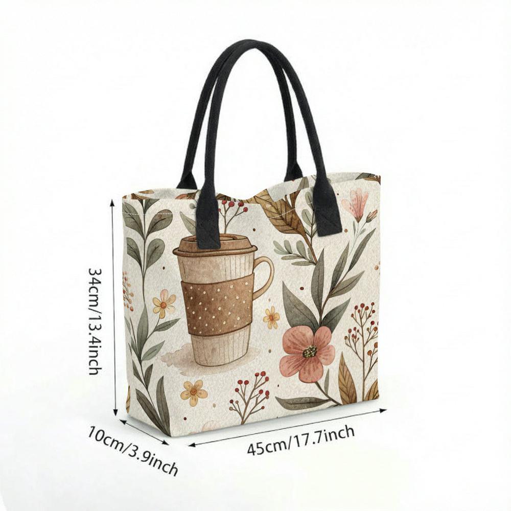 Floral Coffee Print Tote Bag Casual Large Capacity Handbag for Daily Use