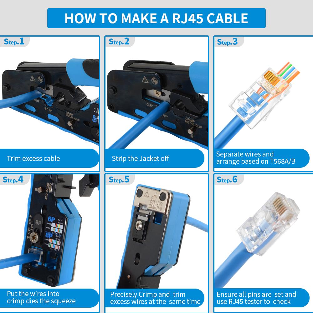 RJ45 Crimp Tool Pass Through Plugs Ethernet Crimping Pliers for Cat7 Cat6 Cat5e RJ45 Connectors Multifunctional Crimper