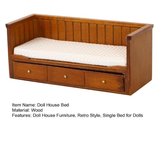 Miniatur-Einzelbett für Puppen 0,05 Puppenhausmöbel Retro Holz