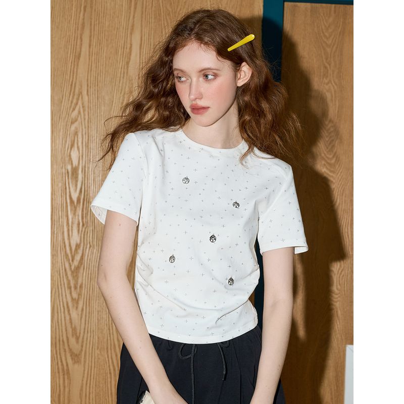 Coolhut Rhinestone Simple Slim-Fit Short Starry Sky Short-Sleeve Round-Neck 2025 Summer Women's T-Shirt Top Casual