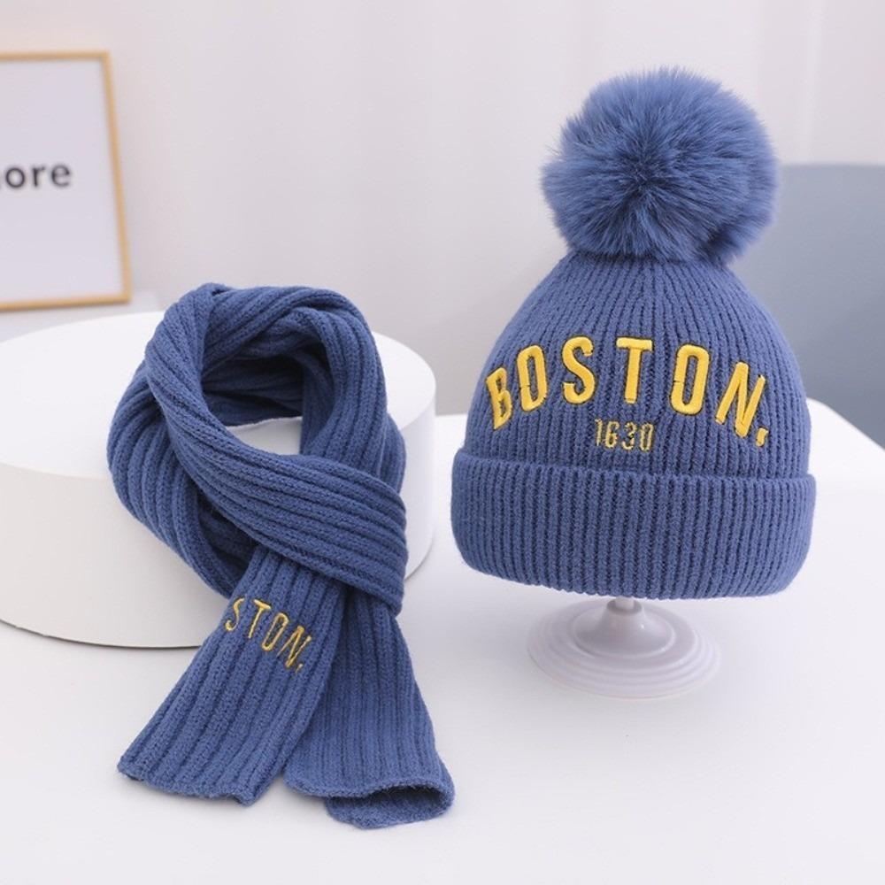 

BOSTON Embroidery Scarf Hat Set Warm Ear Protection Hat New Pullover Cap Autumn and Winter синій
