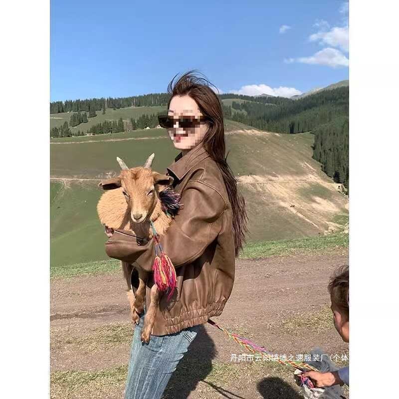 Women's Brown Retro Leather Motorcycle Jacket - New Spring & Autumn Style